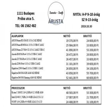 Első lépések: árlista