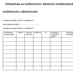 Feladatlap az indítómotor alkatrész kiválasztásához