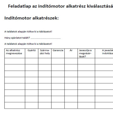 Feladatlap az indítómotor alkatrész kiválasztásához pdf